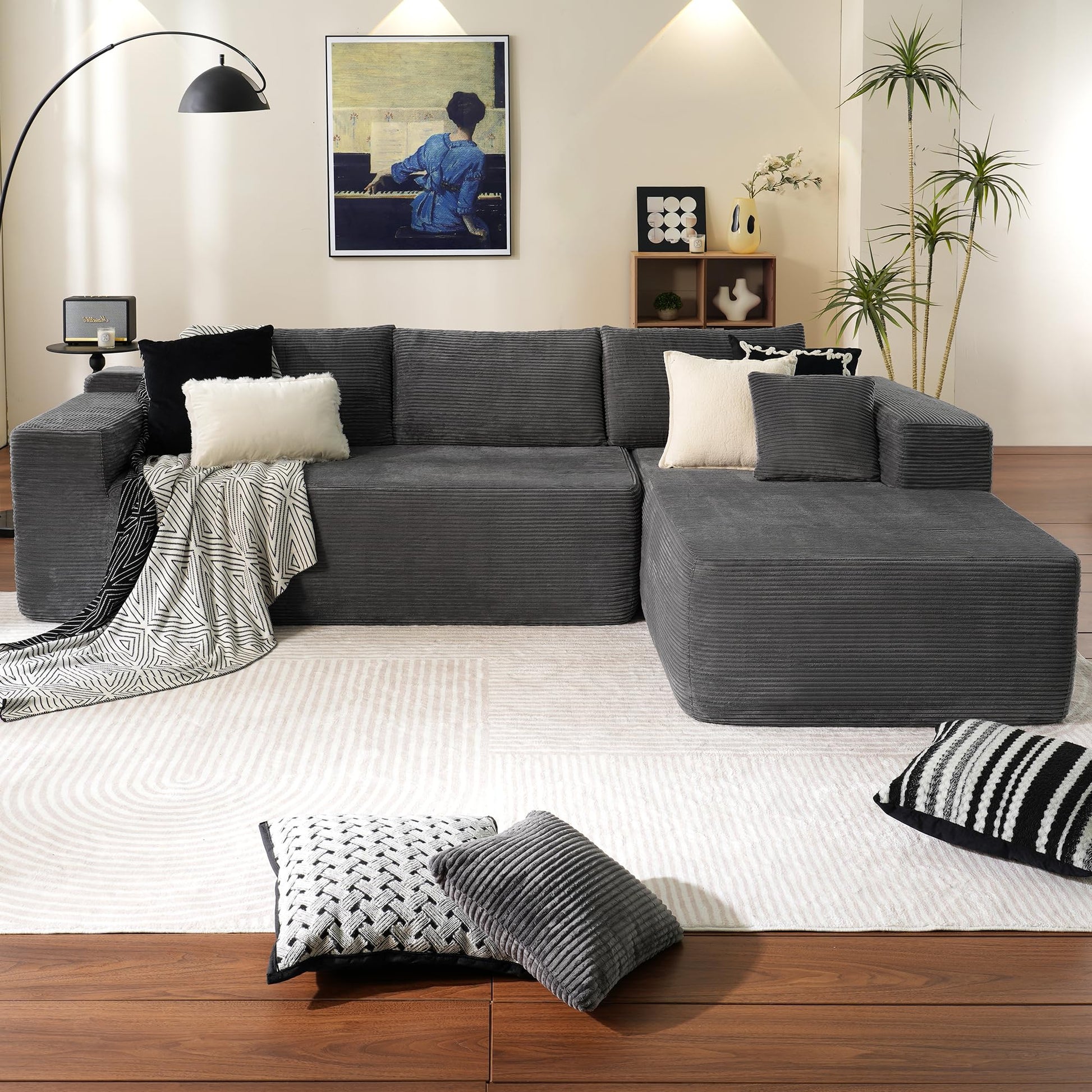 OVIOS 104" L-Shape Modular Couch with Chaise,Corduroy Fabric,No Assembly Required