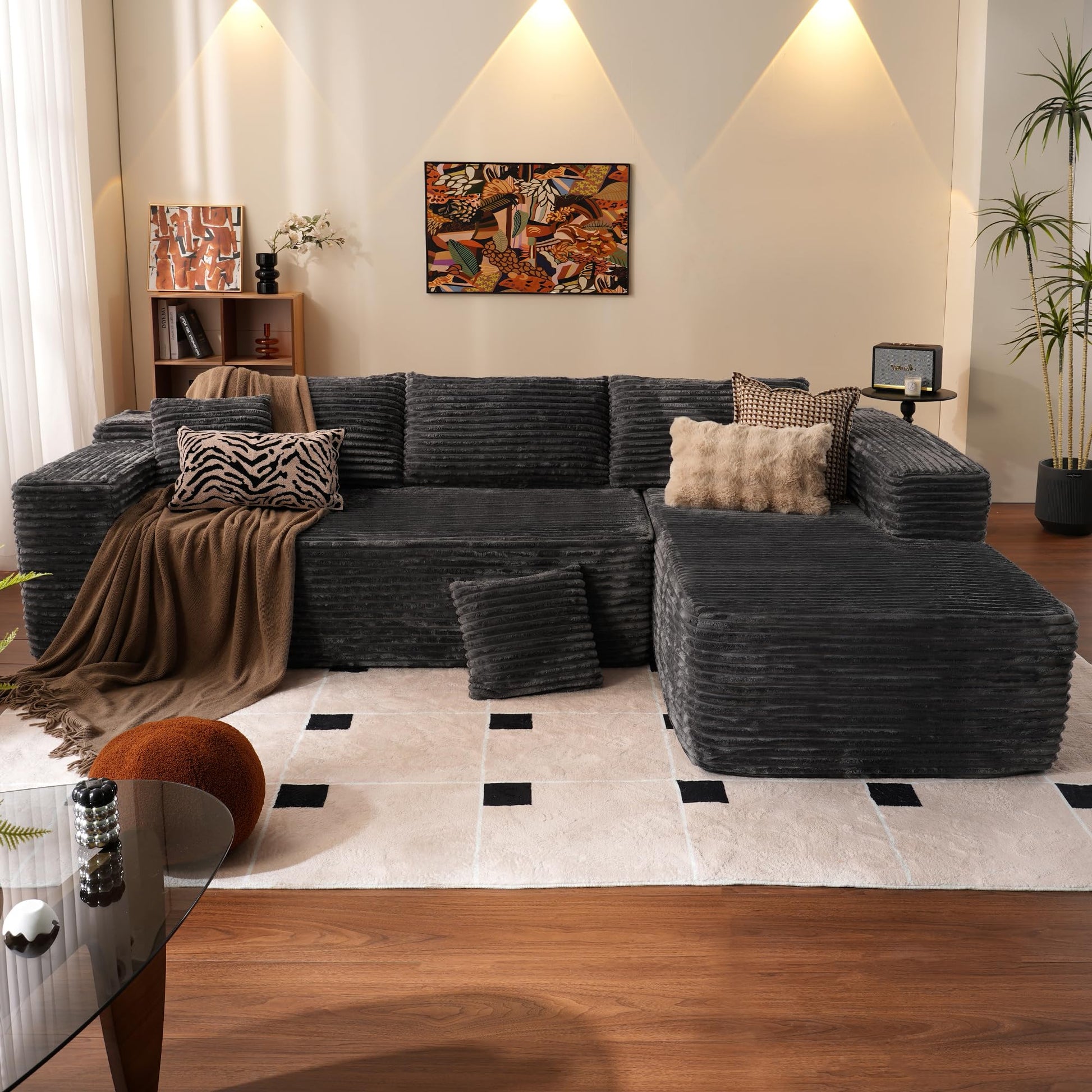 OVIOS 104" L-Shape Modular Couch with Chaise,Corduroy Fabric,No Assembly Required