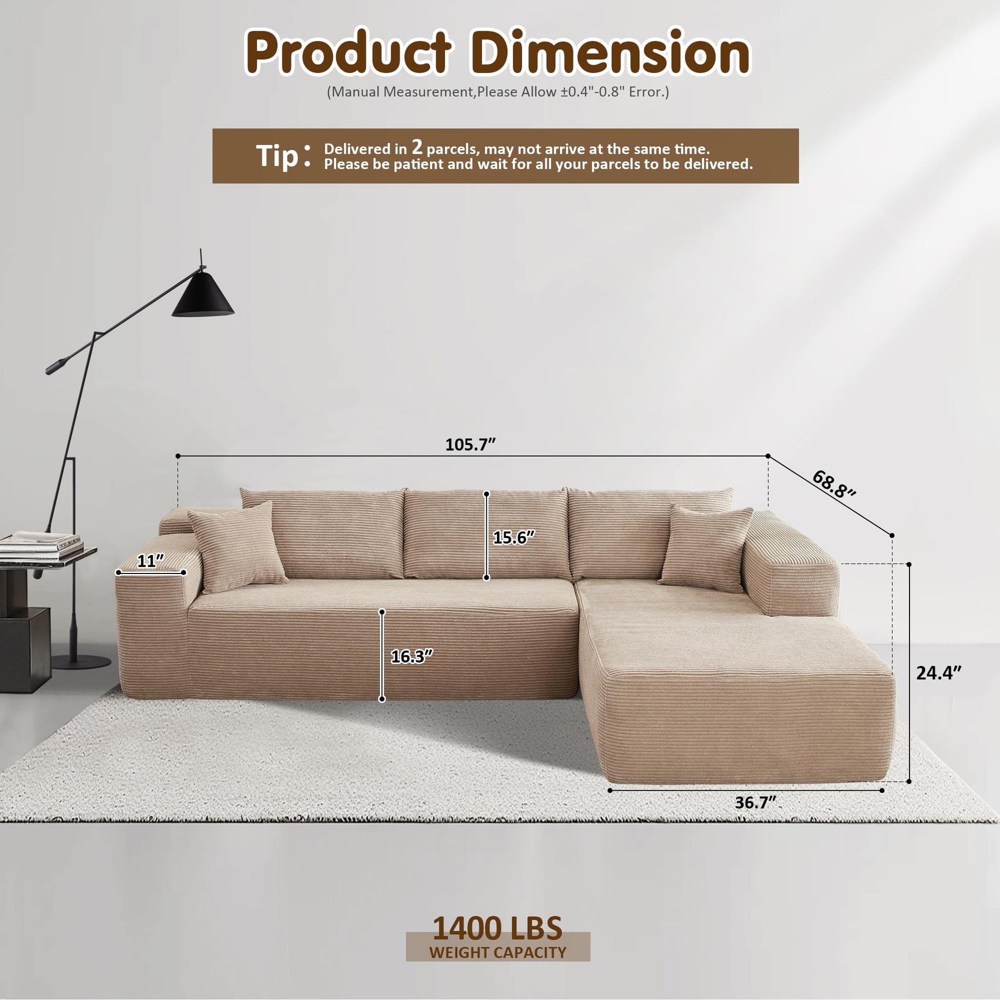 OVIOS 104" L-Shape Modular Couch with Chaise,Corduroy Fabric,No Assembly Required