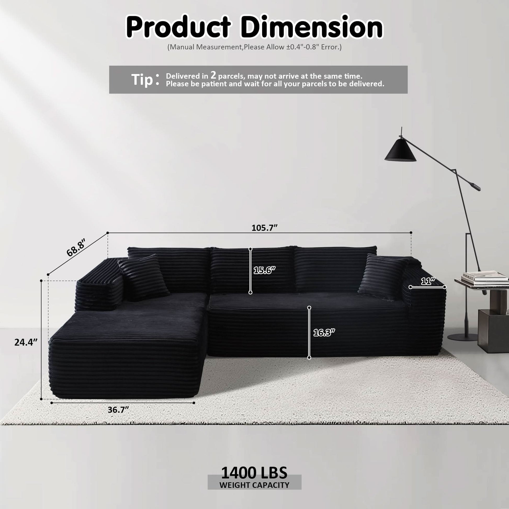 OVIOS 104" L-Shape Modular Couch with Chaise, Plush Corduroy Fabric, No Assembly Required