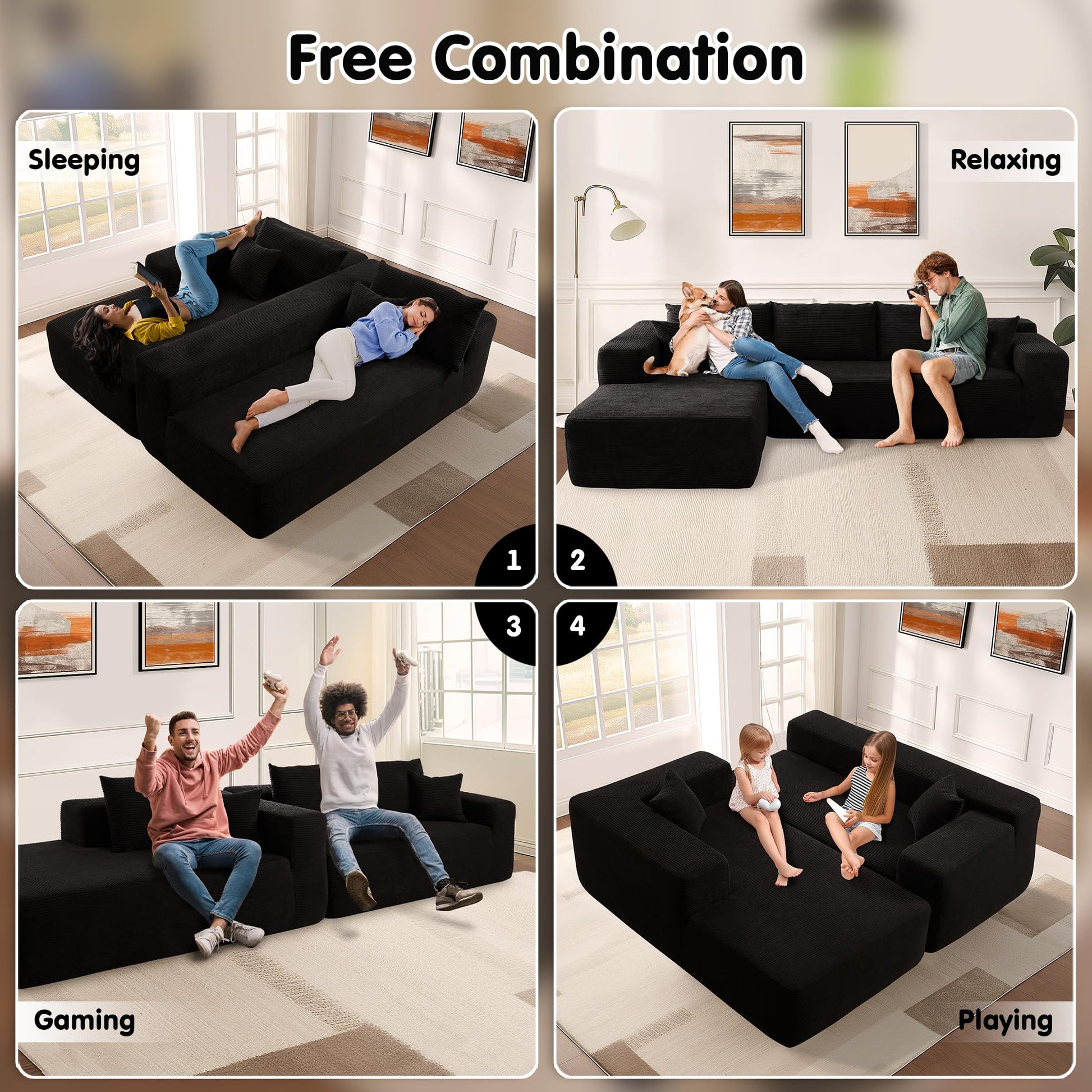 OVIOS 104" L-Shape Modular Couch with Chaise,Corduroy Fabric,No Assembly Required