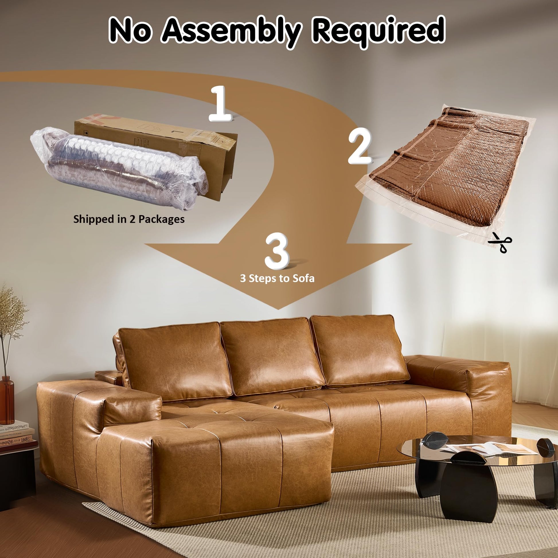 OVIOS 114" Cloud Sectional Sofa - L-Shaped Faux Leather Modular Couch with Deep Seat Chaise