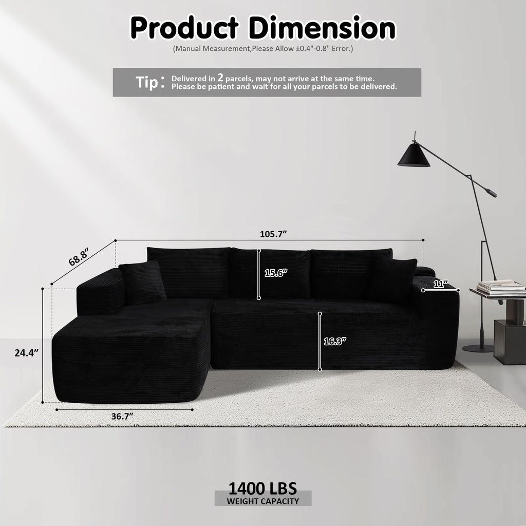 OVIOS 104" L-Shape Modular Couch with Chaise,Corduroy Fabric,No Assembly Required